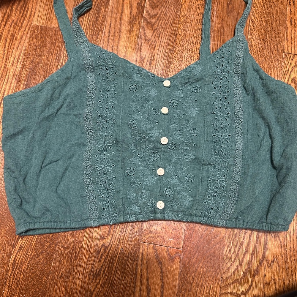 American Eagle Outfitters Teal Embroidered Crop Top